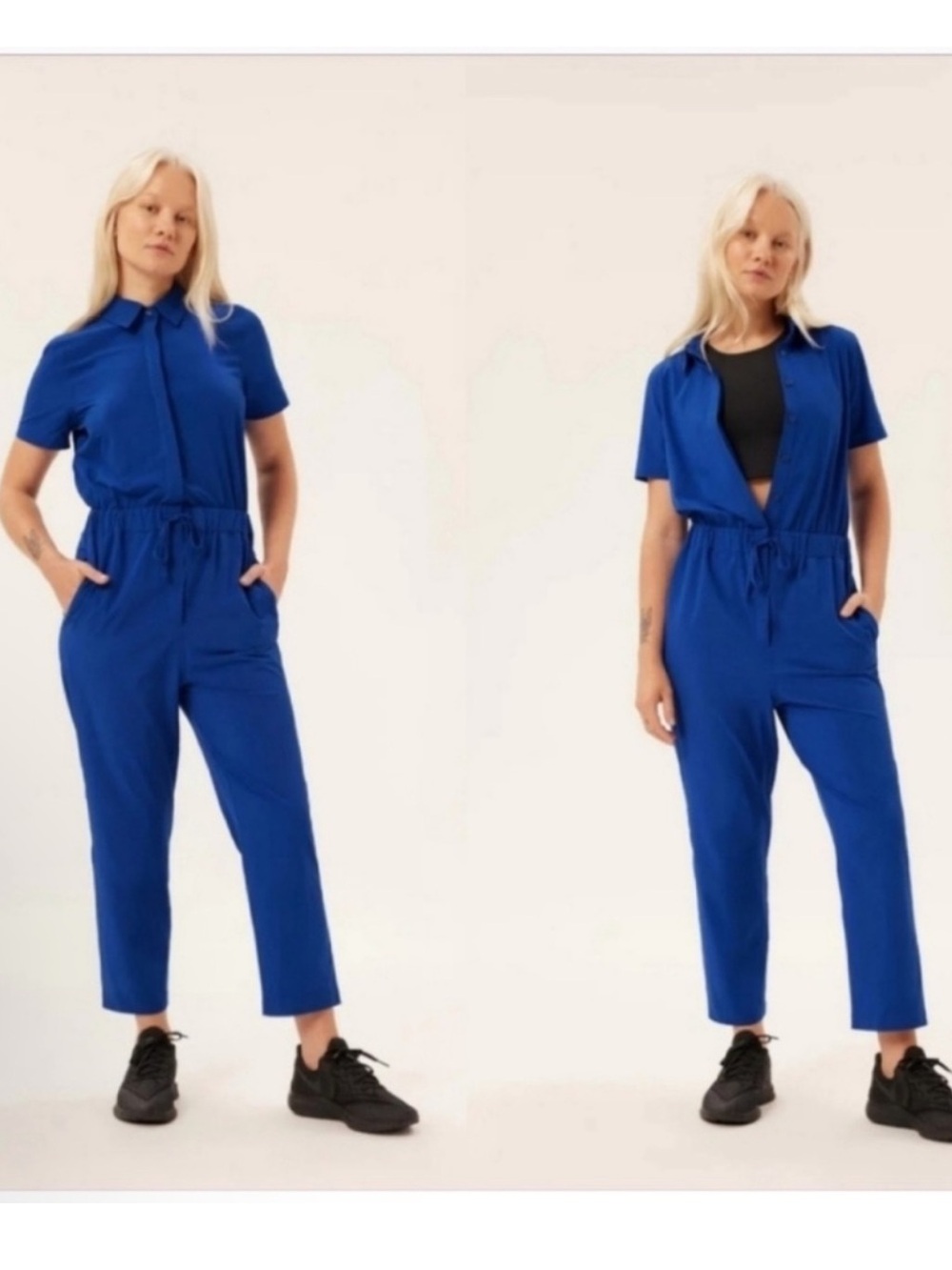 Girlfriend Collective Royal Blue Short-Sleeve Drawstring Jumpsuit